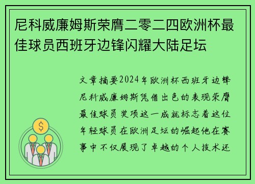 尼科威廉姆斯荣膺二零二四欧洲杯最佳球员西班牙边锋闪耀大陆足坛