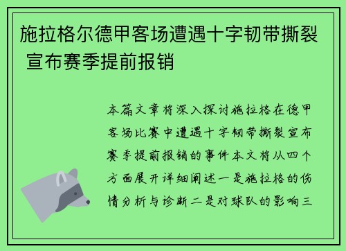 施拉格尔德甲客场遭遇十字韧带撕裂 宣布赛季提前报销